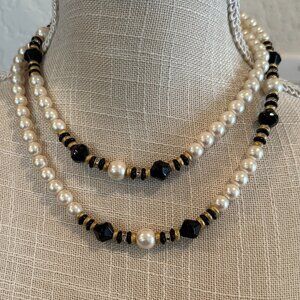Vintage Faux Pearl and Black Beaded Necklace